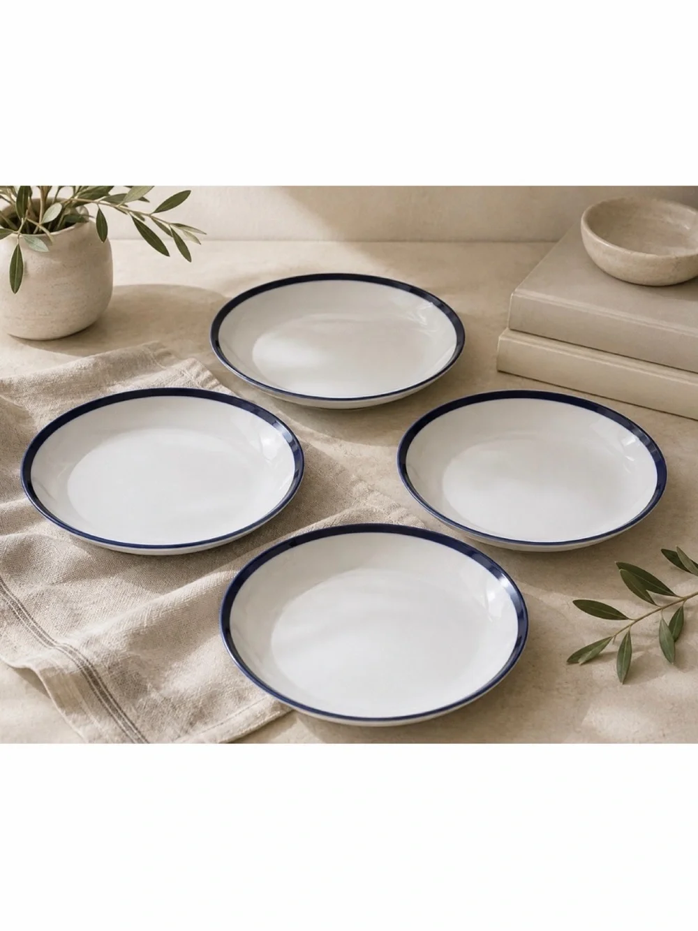 CRATE & BARREL • (Set of 4) White and Cobalt Blue Rimmed 11